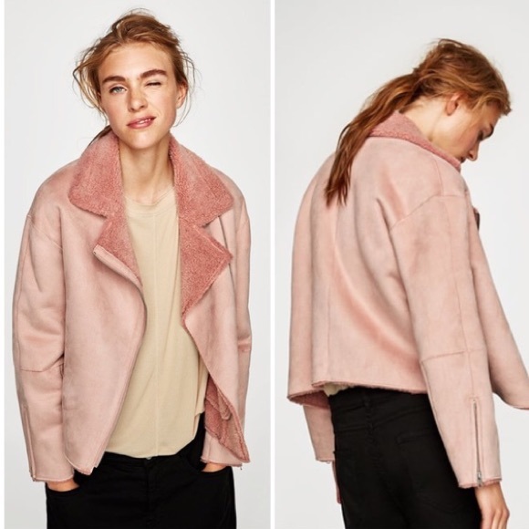 LZARA Cropped Jacket Suede Effect Faux Sherpa- Pink - XS - Picture 1 of 13